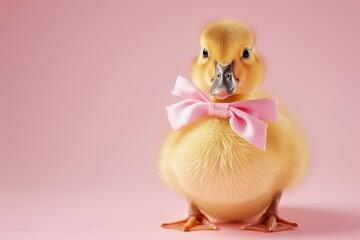 Wall Mural - A duckling with pink bow on its neck. Little duck in a professional photo studio. Mallard. Pet. Pink background. Native bird.