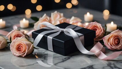 Wall Mural - A sleek black gift box with a satin ribbon