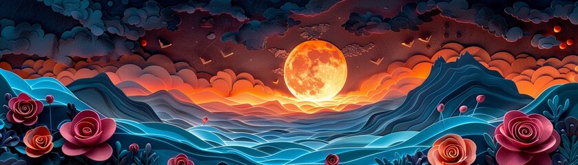 Wall Mural - A magical 3D papercut night scene of a mountain with roses and a radiant moon, using multiple layers to create depth and dimension, Papercut, Vibrant tones, Smooth transitions