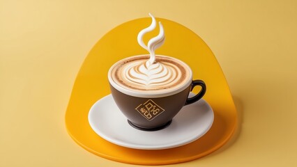 Wall Mural - A latte with artful foam on a yellow background