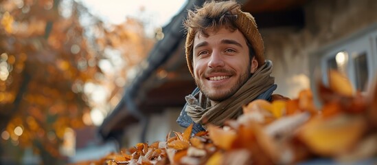 Wall Mural - Smiling Man Surrounded by Autumn Leaves