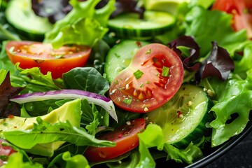 Wall Mural - Fresh green salad with mixed greens, tomatoes, cucumbers, and avocado, a refreshing choice for nutritious eating.