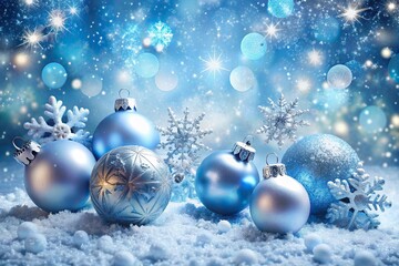 Poster - Snowflakes gently fall on a serene blue Christmas background adorned with shiny ornaments and sparkly Christmas balls, creating a magical winter wonderland atmosphere.