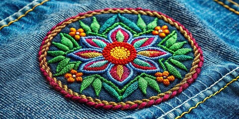 vibrant embroidered patch on a rustic denim background showcases intricate stitching, detailed threa