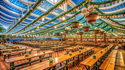 Traditional Bavarian tent interior with long wooden tables and benches, rows of empty beer steins, and festive decorations, capturing the essence of Oktoberfest revelry.