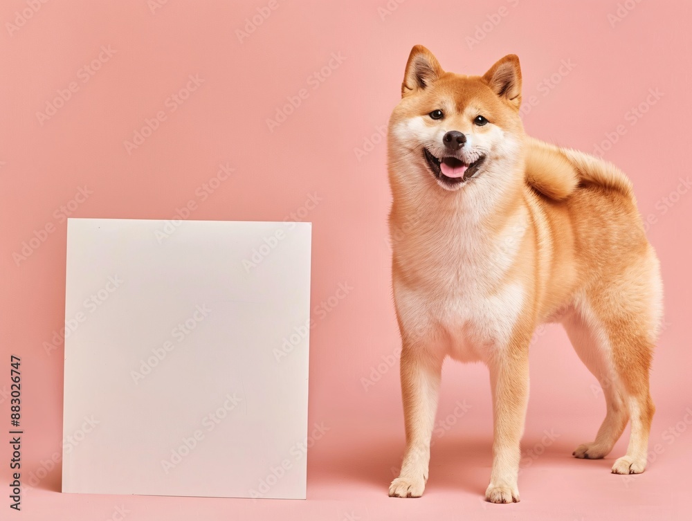 4. A playful and happy Shiba Inu dog standing proudly next to a blank ...
