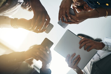 Poster - Technology, planning and hands of people in circle for data sharing, meeting or collaboration with connectivity. Phone, tablet and team at digital agency with networking, research or app low angle
