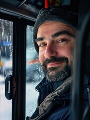 A person with a beard sits in a public transportation vehicle, waiting for the journey to begin