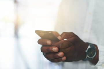 Poster - Phone, office and hand of person with online chat, typing and mobile app for social media post. Scroll, networking and business man at digital agency with smartphone, schedule or web connectivity
