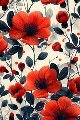 Seamless Floral Pattern. Vibrant Red Flowers and Dark Leaves on Light Background