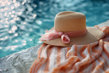Wall Mural - A sun hat with a pink ribbon rests on a striped towel by a sparkling pool. Minimal summer vacation concept.