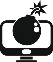 Poster - Black and white illustration of a round bomb exploding on a computer screen, representing the concept of cyber attack