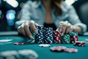 Close-up of a person stacking poker chips on a green table, capturing the intensity and excitement of a casino environment.