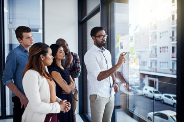 Aufkleber - Business, people and brainstorming with glass in office, campaign management and collaboration. Creative directors, graphs and discussion for project progress for content development by media agency.
