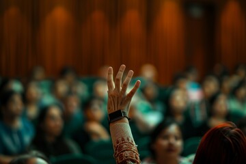 Wall Mural - A close-up of a hand raised in a conference hall audience, with blurred background