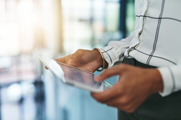Poster - Tablet, research and hand of person in office for online chat, typing or website for email report. Scroll, networking and business consultant on digital app for erp, web schedule or data connectivity