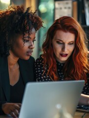 two friends collaborating on laptop, possibly working or studying together