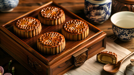 Wall Mural - Premium moon cake in velvet-lined box elegant and sophisticated