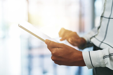 Poster - Tablet, scroll and hand of person in office for online chat, typing or website for email report. Research, networking and business consultant on digital app for erp, web schedule or connectivity