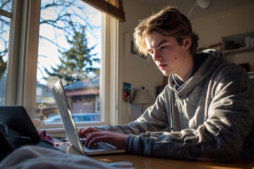 Wall Mural - A young man sits at a desk in front of a window, working on his laptop computer. Sunlight streams into the room, illuminating his face and the desk