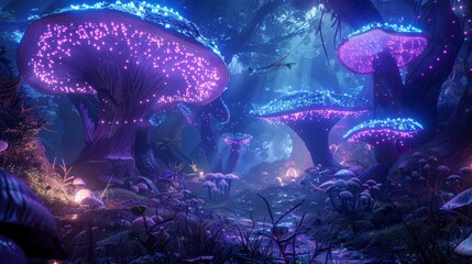 Wall Mural - Fantastical Glowing Mushrooms in a Mystical Forest Emitting Blue and Purple Light - Perfect for Posters