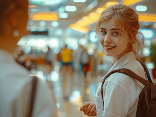 young woman turned around at a train station or airport, with a backpack behind her back, travel, volunteer