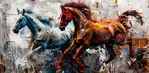 Wall Mural - this is a modern painting, abstract, with metal elements, texture background, animals, horses, etc.