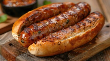 Spicy grilled sausage with bun made of pork Grilled sausage sandwich