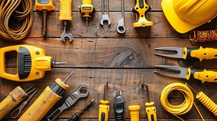 Poster - Neatly arranged telecommunications tools including a cable tester keystone jacks and a wire cutter Stock Photo with copy space