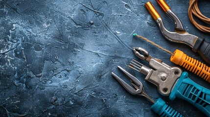 Poster - Tools and materials for telecommunications work including a network cable tester RJ45 connectors and a wire stripper Stock Photo with copy space