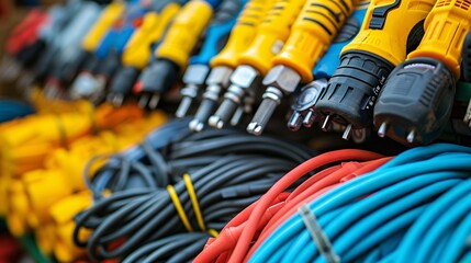 Aufkleber - Neatly organized telecommunications tools including a network tester crimping tools and various cables Stock Photo with copy space