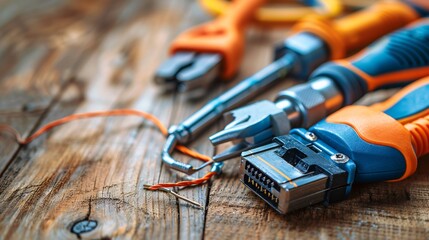 Aufkleber - Neatly organized telecommunications tools including a network tester crimping tools and various cables Stock Photo with copy space