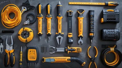 Aufkleber - A well-organized flat lay of telecommunications hand tools including crimping tools patch cords and a cable tester Stock Photo with copy space
