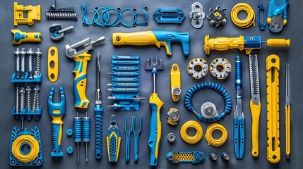 Aufkleber - Neatly arranged flat lay of telecommunications tools including a fiber optic cleaver punch down tool and various cables Stock Photo with copy space