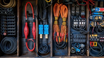 Poster - Top view of telecommunications equipment including a cable management tool RJ45 connectors and a punch down tool Stock Photo with copy space