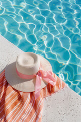 Wall Mural - A sun hat with a pink ribbon and a striped towel lie by a clear blue pool. Minimal summer vacation concept.