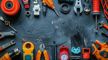 Aufkleber - Flat lay of tools and materials for telecommunications work such as a cable tester keystone jacks and a multimeter Stock Photo with copy space