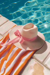 Wall Mural - Sun hat with a pink ribbon and a striped towel by the poolside. A sunny and relaxing summer scene captured with vibrant colors and a holiday vibe.