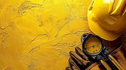 Poster - Top view of construction essentials including a spirit level gloves and a toolbox Stock Photo with copy space