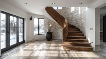 Poster - Modern Interior with Wooden Staircase and Stone Wall