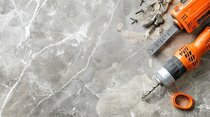 Poster - Tools and materials for construction work including a power drill level and a box of screws Stock Photo with copy space
