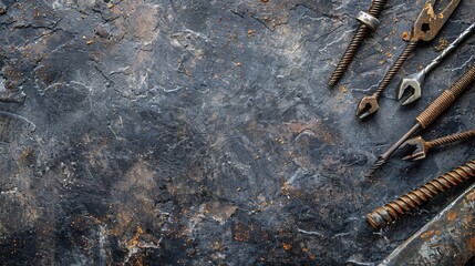 Aufkleber - Flat lay featuring a variety of construction components like nails screws and a set of drill bits Stock Photo with copy space