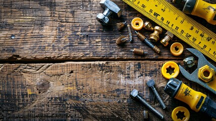 Poster - Essential tools for construction work laid out in a flat lay including a spirit level measuring tape and a selection of nails and screws Stock Photo with copy space