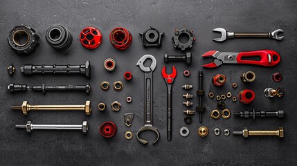 Wall Mural - A flat lay of plumbing equipment including a faucet wrench adjustable pliers and various screws and nuts Stock Photo with copy space