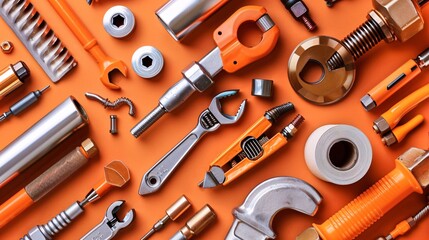 Poster - Top view of essential tools for plumbing work such as a basin wrench plumber's tape and a set of valves and connectors Stock Photo with copy space