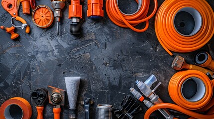 Poster - Top view of plumbing equipment including a plumber's torch Teflon tape and various plumbing components Stock Photo with copy space