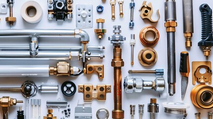 Top view of plumbing equipment including a plumber's torch Teflon tape and various plumbing components Stock Photo with copy space