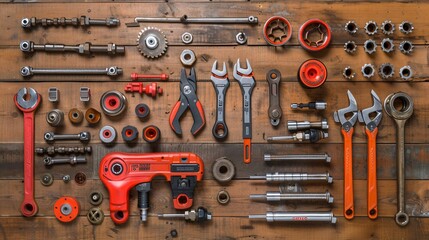 Poster - A comprehensive flat lay of essential plumbing tools like pipe wrenches adjustable spanners and pliers with assorted pipes and fittings Stock Photo with copy space