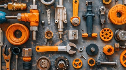 Poster - Flat lay of tools and materials for plumbing work such as a basin wrench pipe cutter and a variety of fittings and valves Stock Photo with copy space