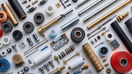 Aufkleber - Flat lay featuring a variety of plumbing components like pipe joints Teflon tape and a spool of soldering wire Stock Photo with copy space